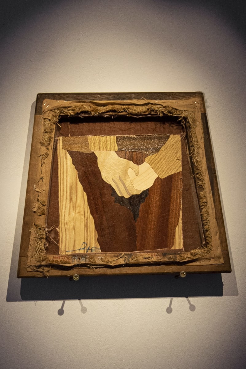 pissed pants II by Jay Potrykus - Mixed wood and varnish, framed in a pub stool