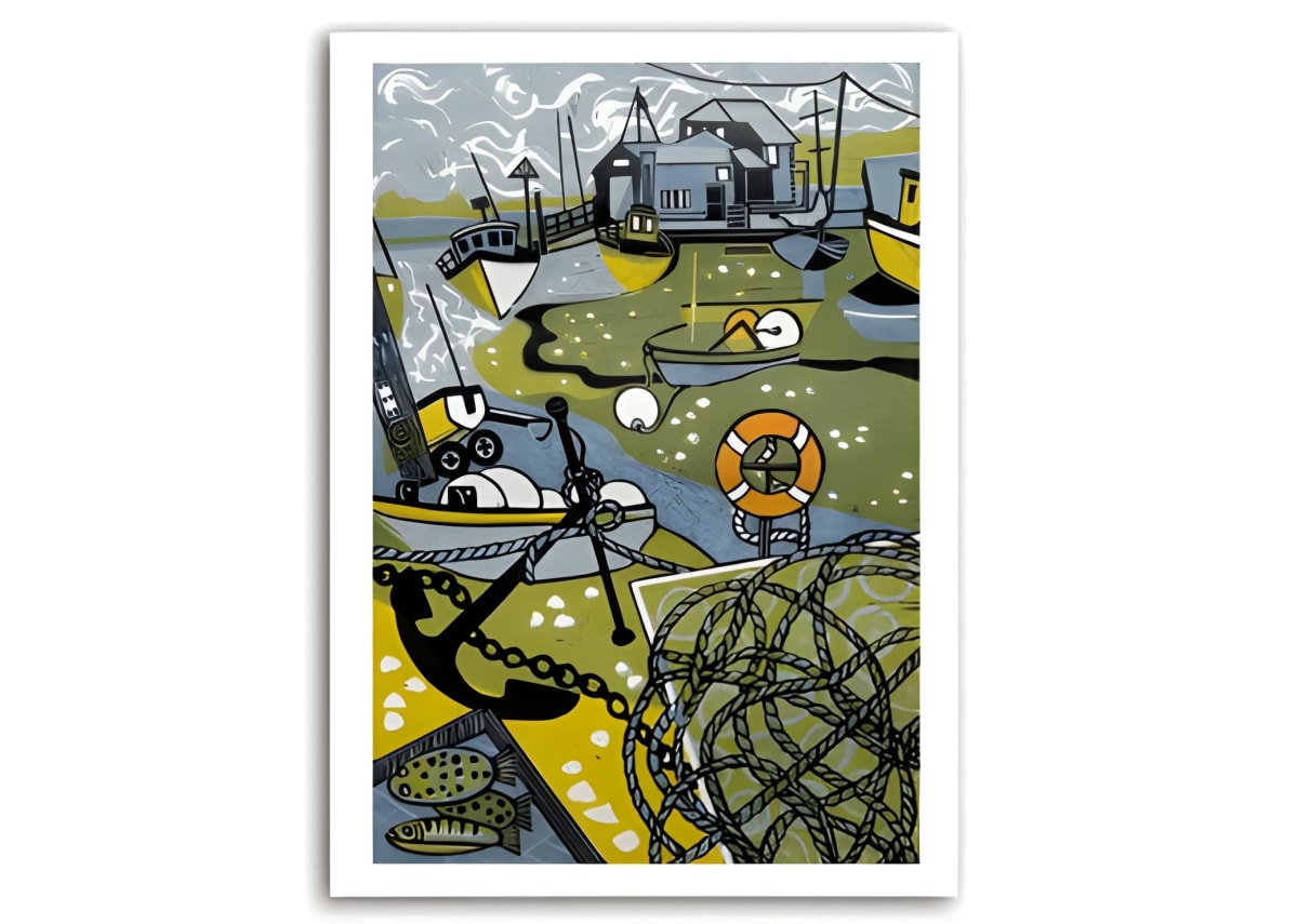 Anchor, Ropes, Buoys & Boats by P. Jane Hunter - Lino print