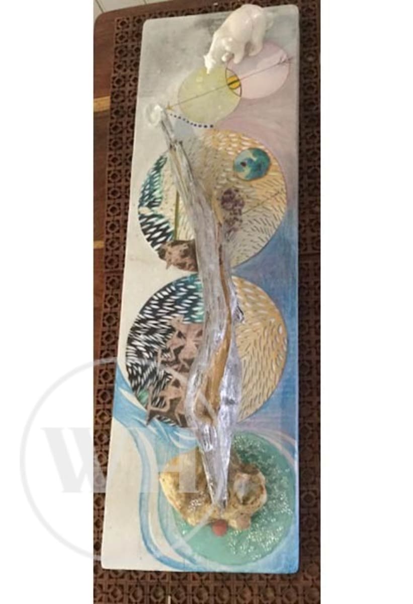 Calls of the Sea — vertical assemblage with stylised wave forms, porcupine-like motifs and a curling driftwood spine, photographed on a patterned floor (placeholder, watermarked)