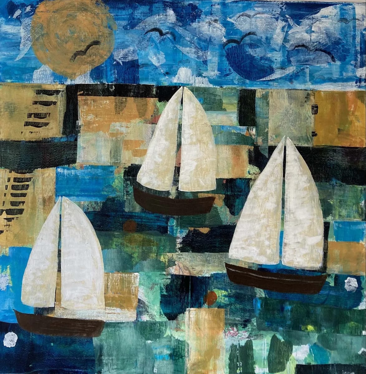 Three Boats Sailing by Jane Watson — Acrylic on canvas.