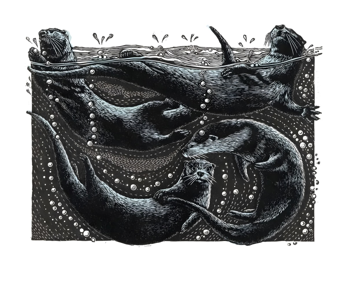 A Romp of Otters by Julie Orpen — Engraving and linocut.