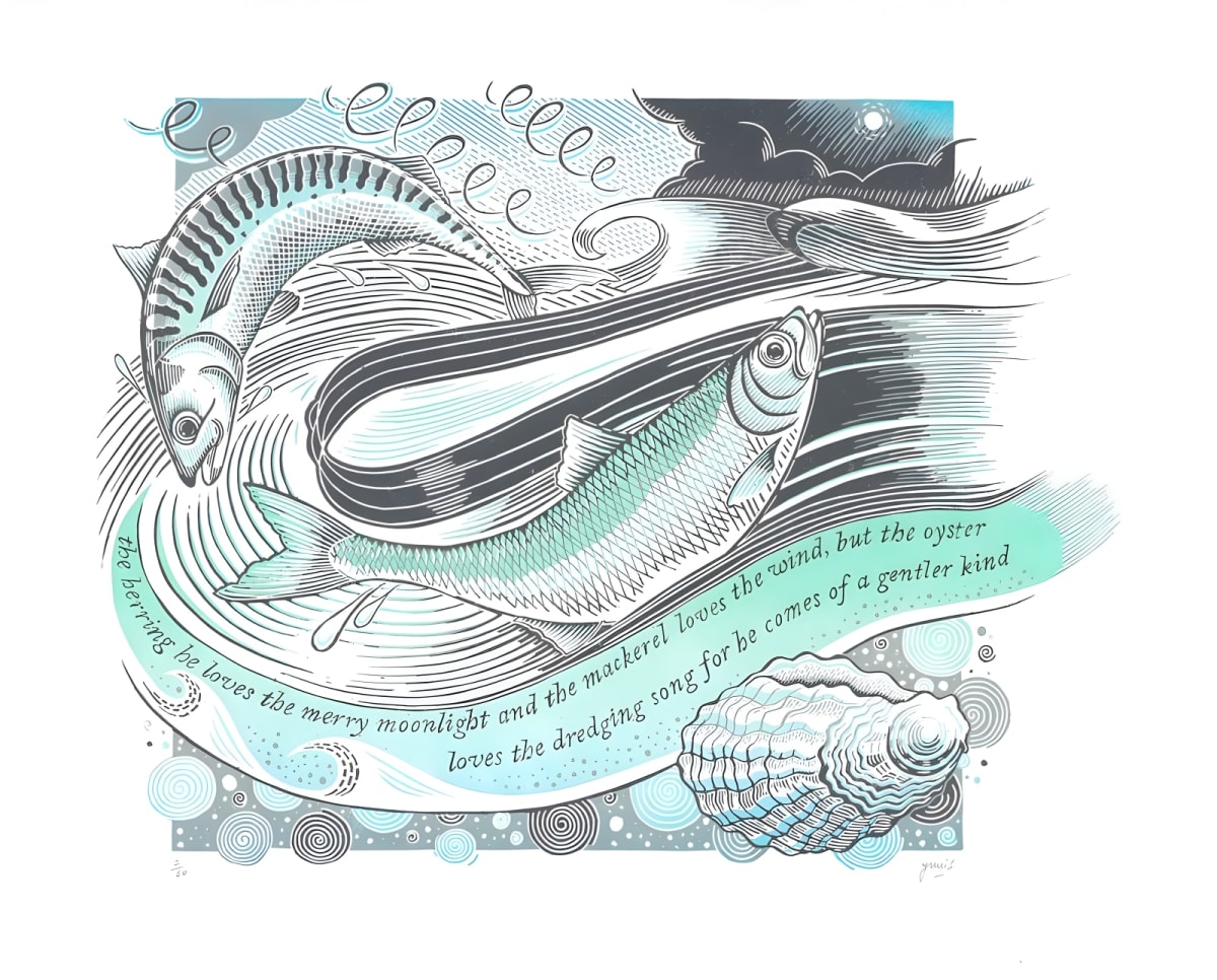 Herring, Mackerel & Oyster by Julie Orpen — Linocut.