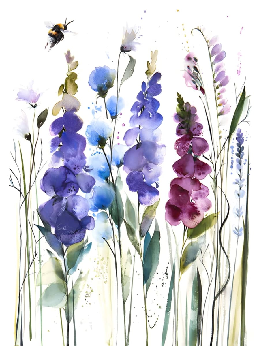 Foxgloves and Bee by Emma Wren — Watercolour.