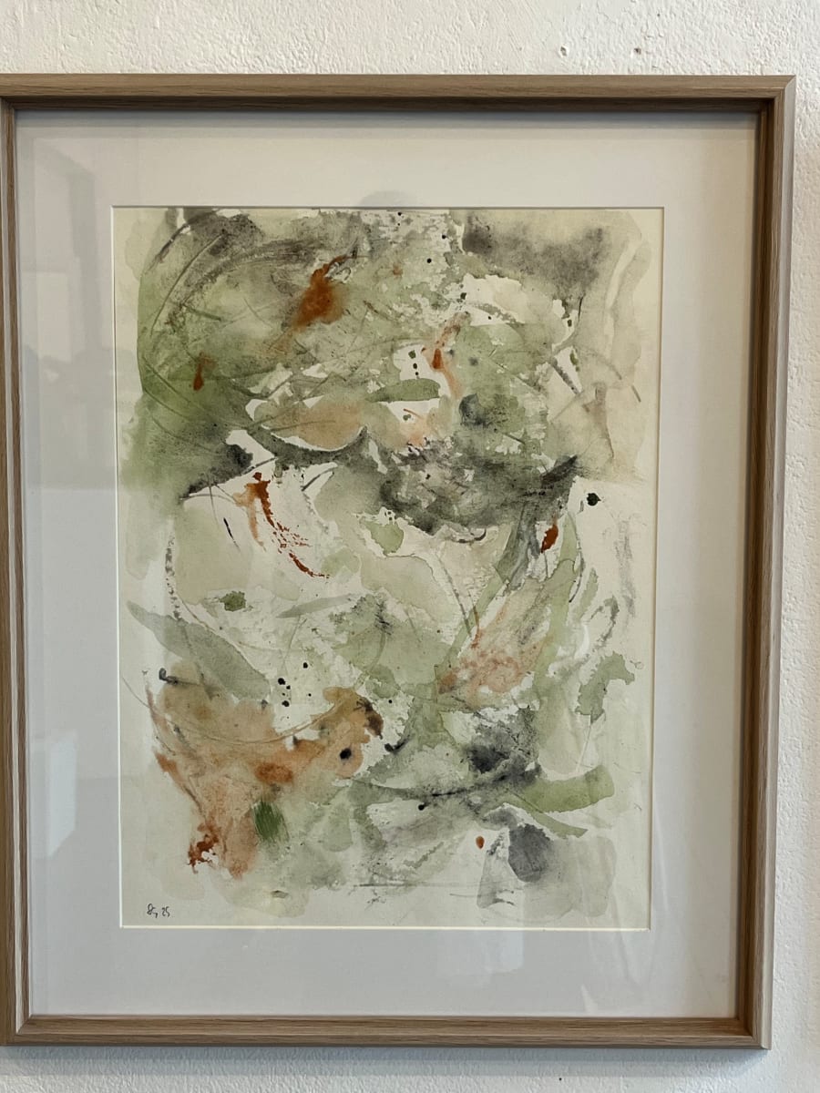 Framed mixed-media painting in handmade natural pigments — green washes with rust and grey marks on watercolour paper, from 'Forest Bathing to After the Storm' (2025), Better Together exhibition at The Minories, Colchester