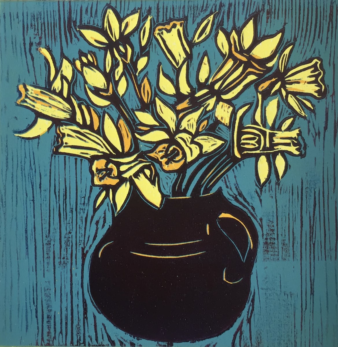 Daffodil blue by Susan Weaver - Linocut