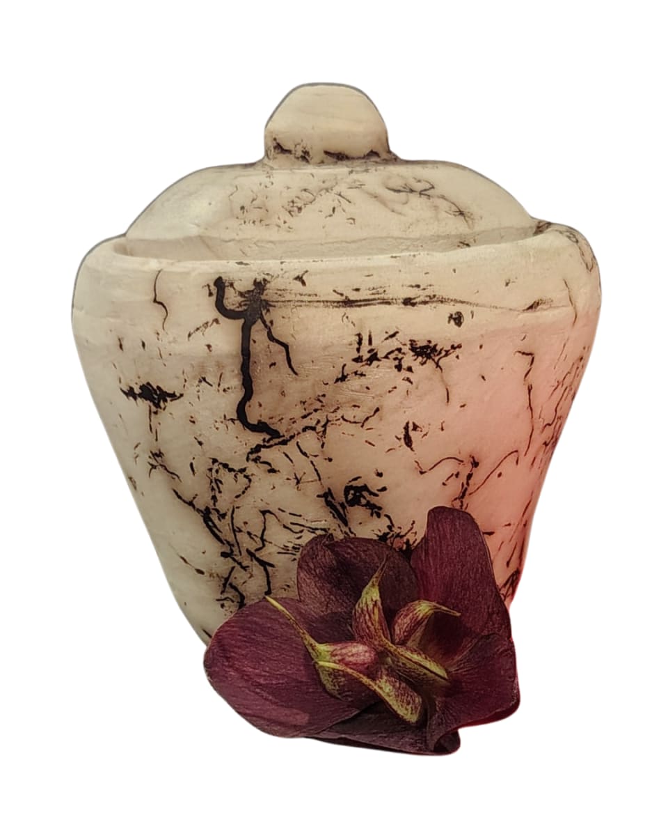Lidded pot, hand thrown, stoneware, raku fired with horse hair
