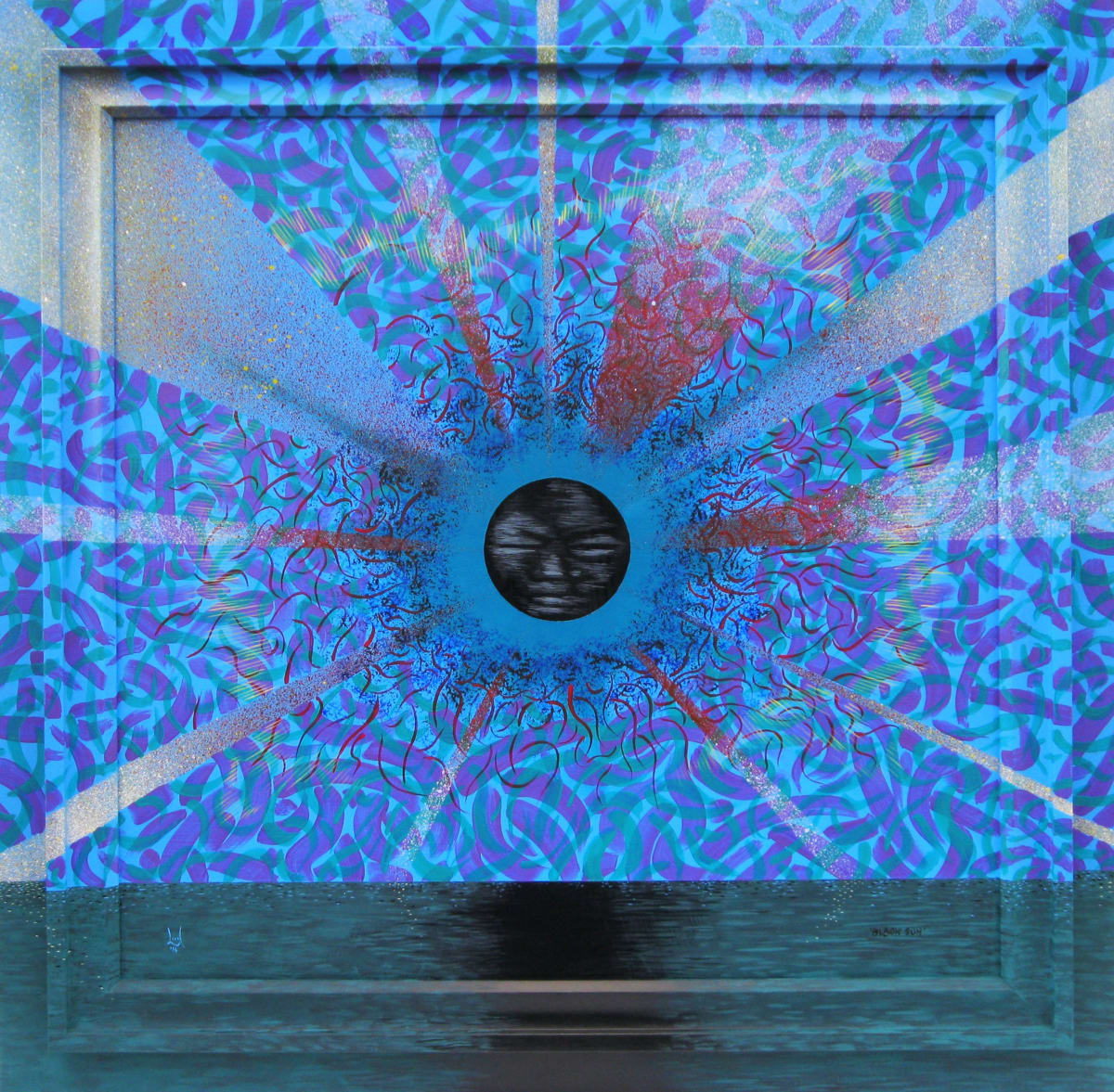 Black sun by Borin Van Loon, acrylic on glass and frame.