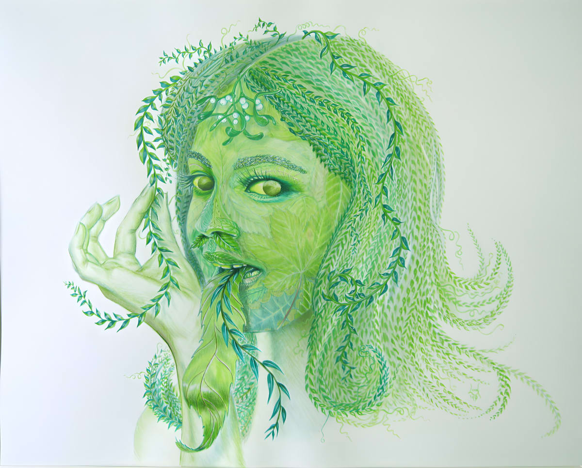 Green woman by Borin Van Loon, watercolour and collage on paper.