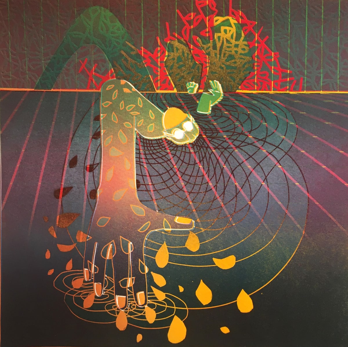 High elbows revisited by Dale Devereux Barker - Linocut