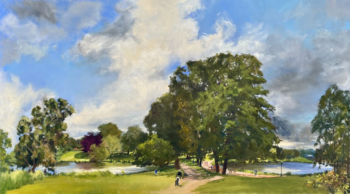 Wivenhoe Park Essex 2026 by Irena Massarella, oil painting on board 56 x 102 cm