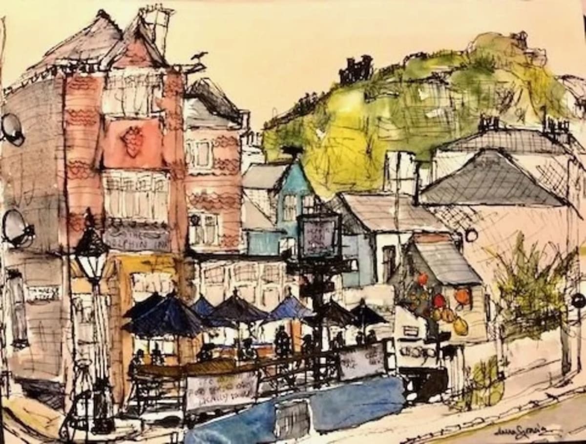 Afternoon at the Dolphin Inn, Hastings by Irena Massarella, pen & watercolour 