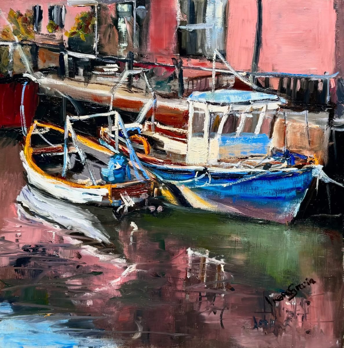 Wivenhoe Harbour by Irena Massarella, oil painting on board