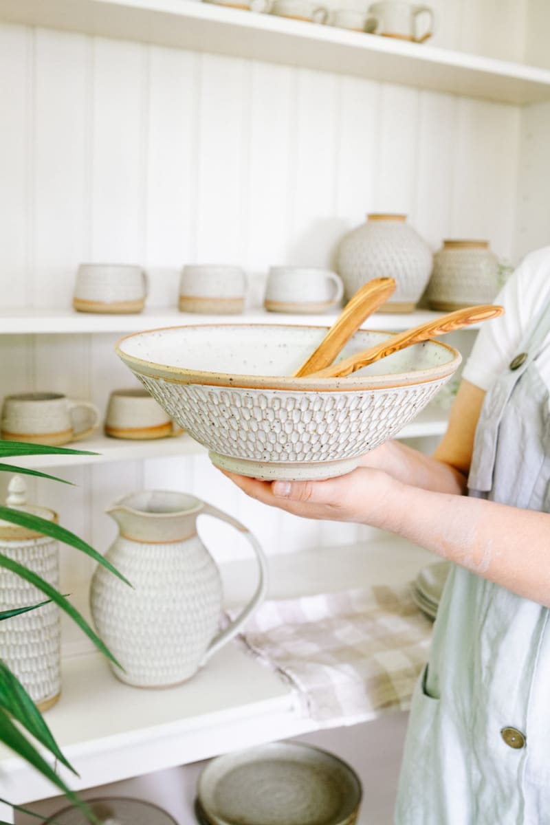 Carved stoneware salad bowl by Kat Wheeler