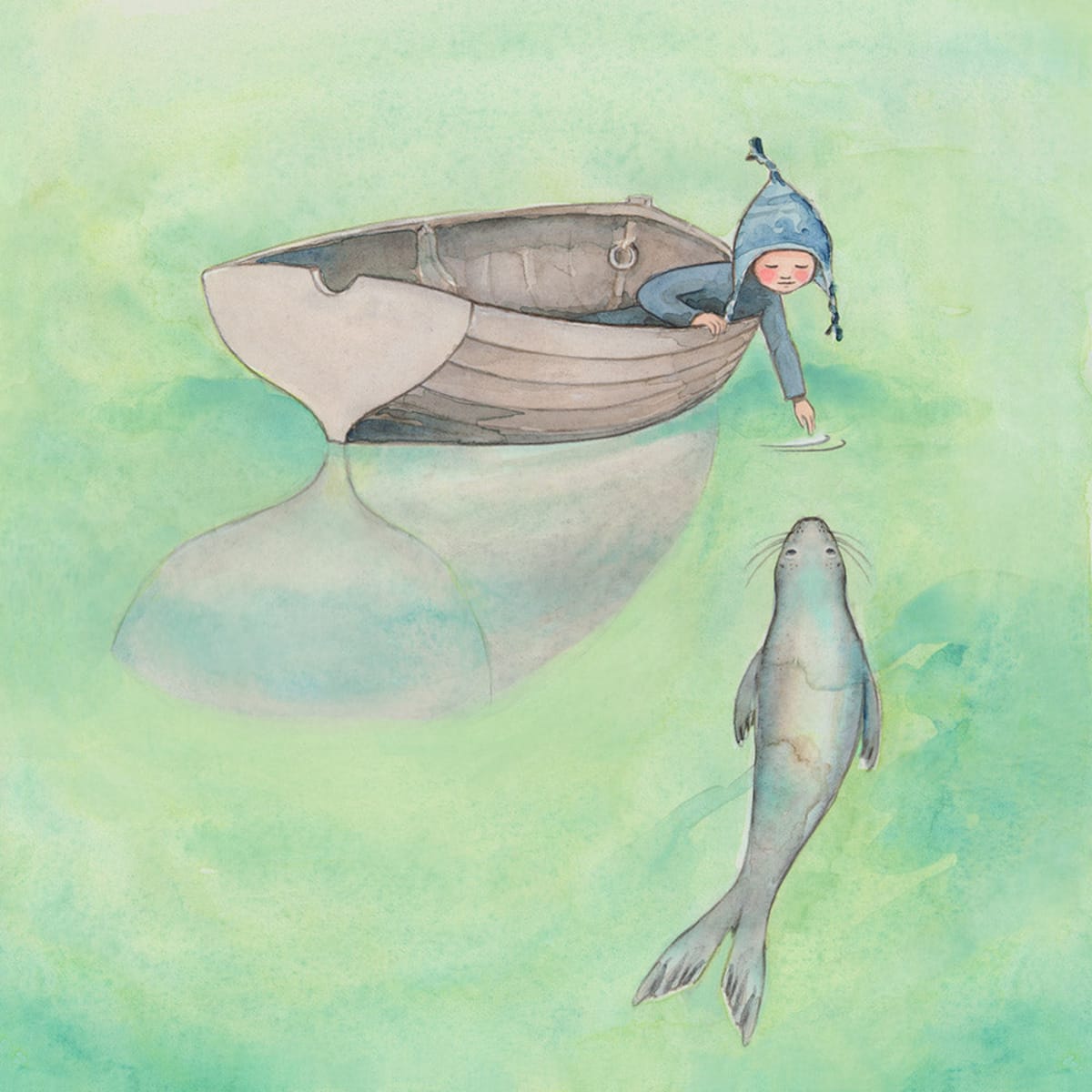 The Seal Whisperer by Leafy Dumas - gouache and colour pencil illustration