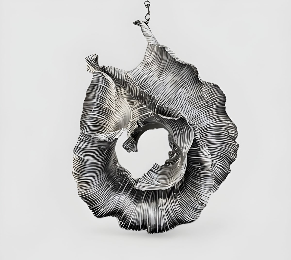 Pleated aluminium hanging sculpture by Lynn Foster