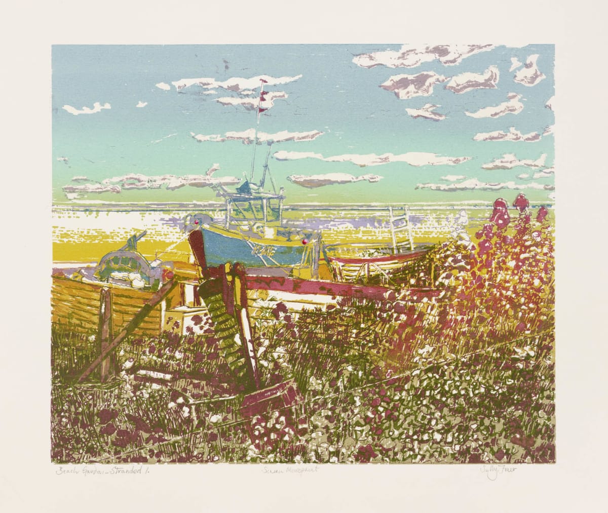 Beach Garden Stranded by Sally Freer - Screen monoprint
