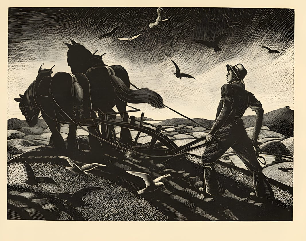 November - Ploughing by Clare Leighton - Wood engraving
