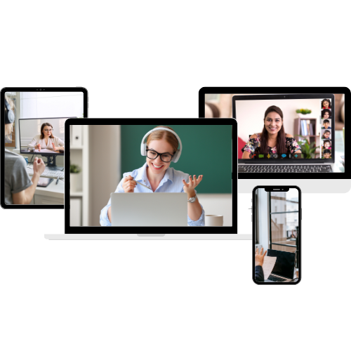 Multiple devices showing instructors and video conferences