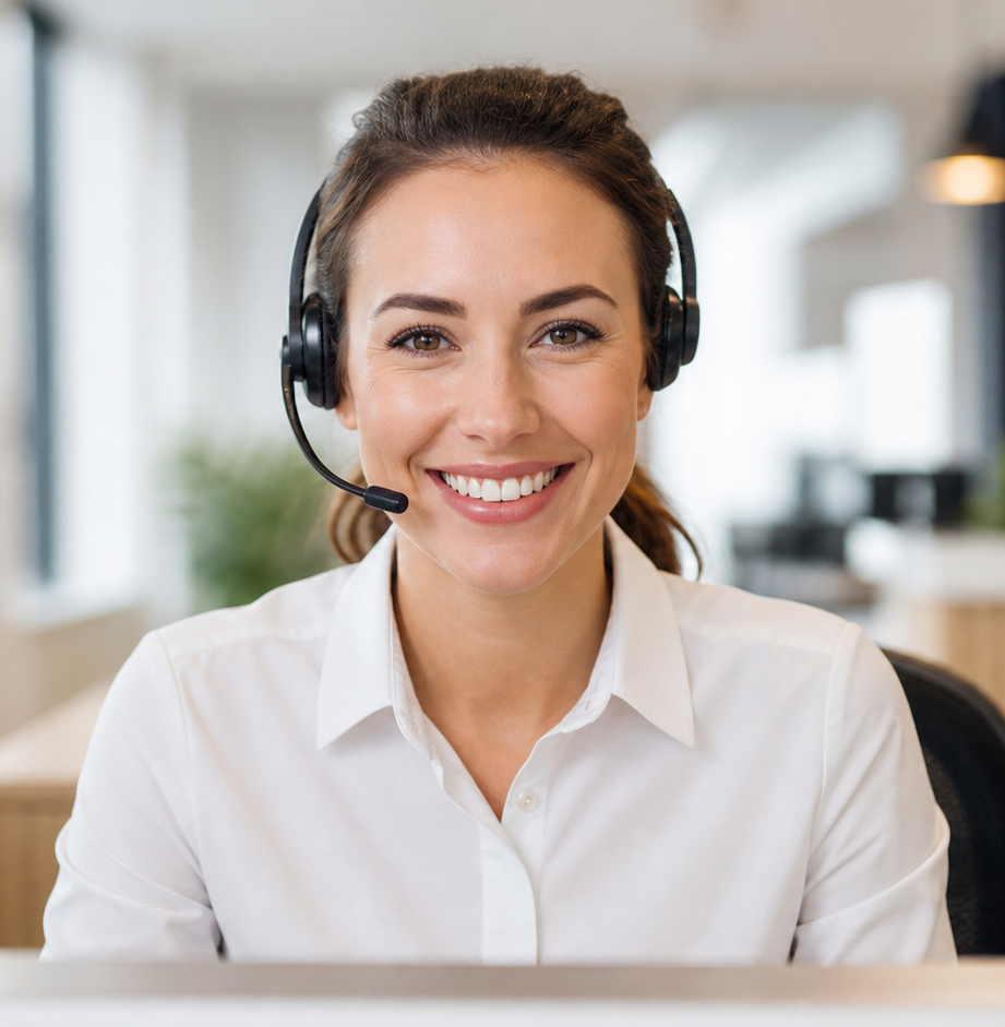 Lana, LazyTradie's receptionist, wearing a headset