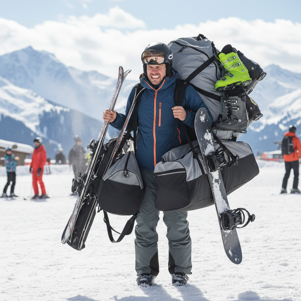 Ski equipment storage service - skier with gear in alpine setting