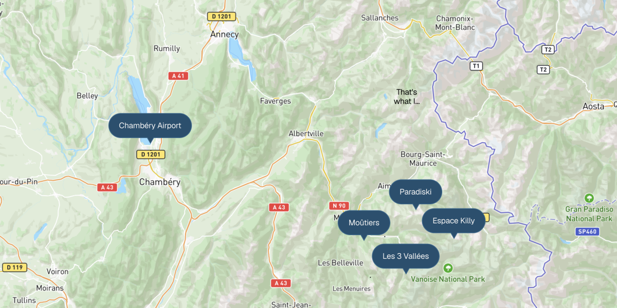 Map showing routes from various airports to ski resorts in the French Alps