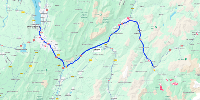 Map showing transfer route from Chambéry Airport to ski resorts