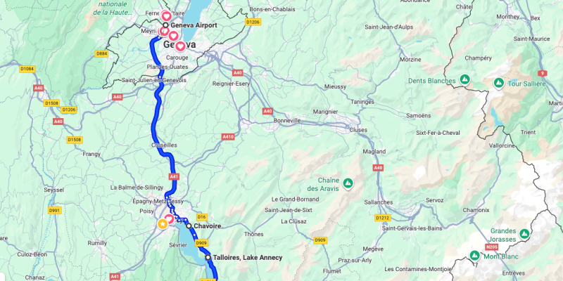 Detailed map showing transfer route from Geneva Airport to Val d'Isère ski resort