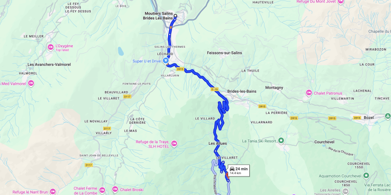 Map showing Eurostar and TGV routes to Moûtiers Station