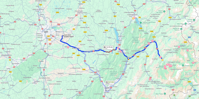 Map showing transfer route from Lyon Airport to ski resorts