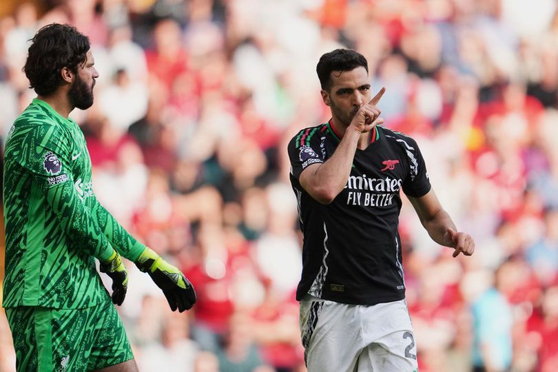 Selebrasi Mikel Merino dalam laga Premier League antara Liverpool vs Arsenal, Minggu (11/5/2025). Info Main Bola Karakter Arsenal Terlihat di Anfield: Lebih Matang dan Tahu Caranya Bangkit
