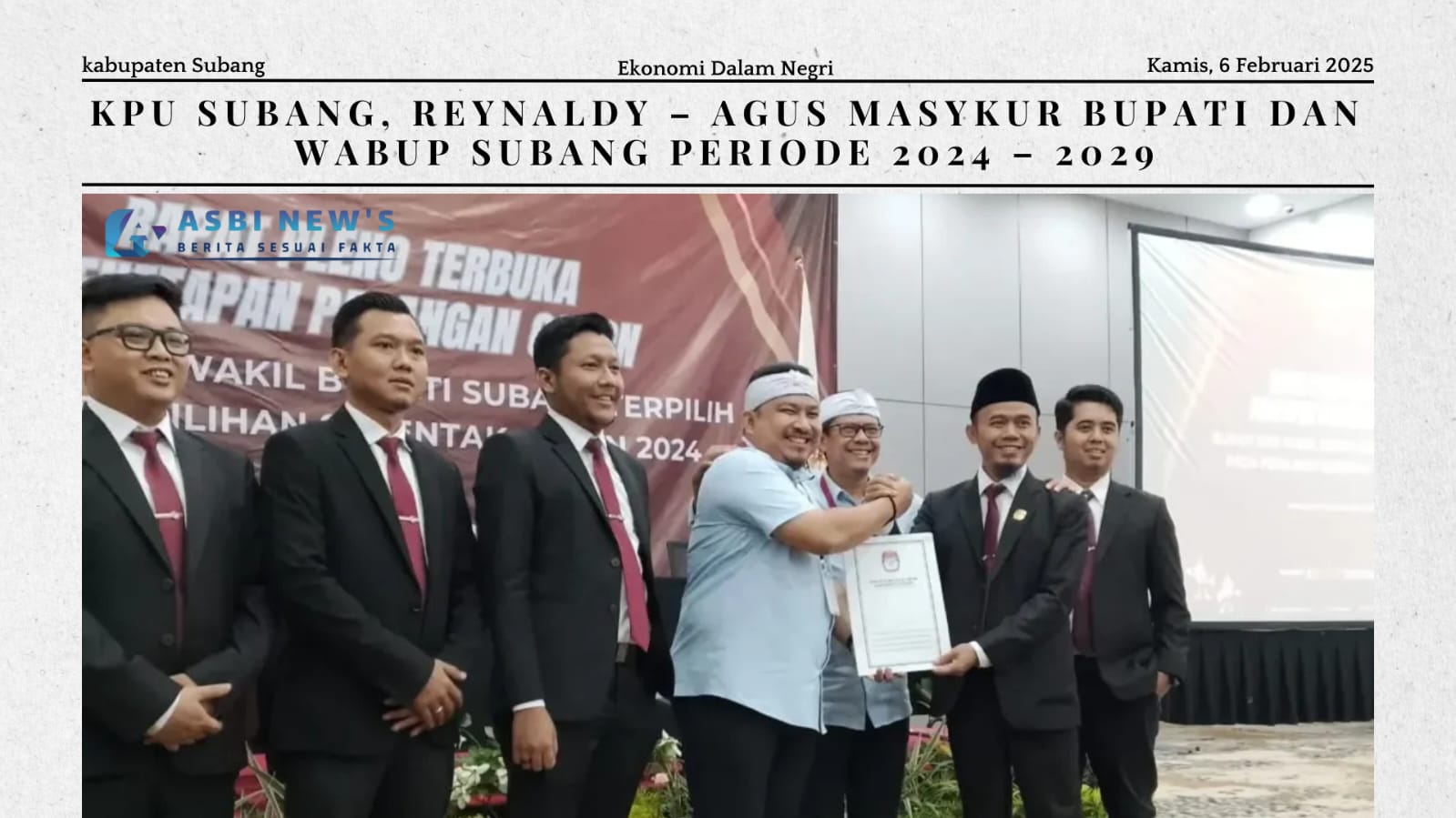 KPU Subang, Reynaldy – Agus Masykur Bupati dan Wabup Subang Periode 2024 – 2029