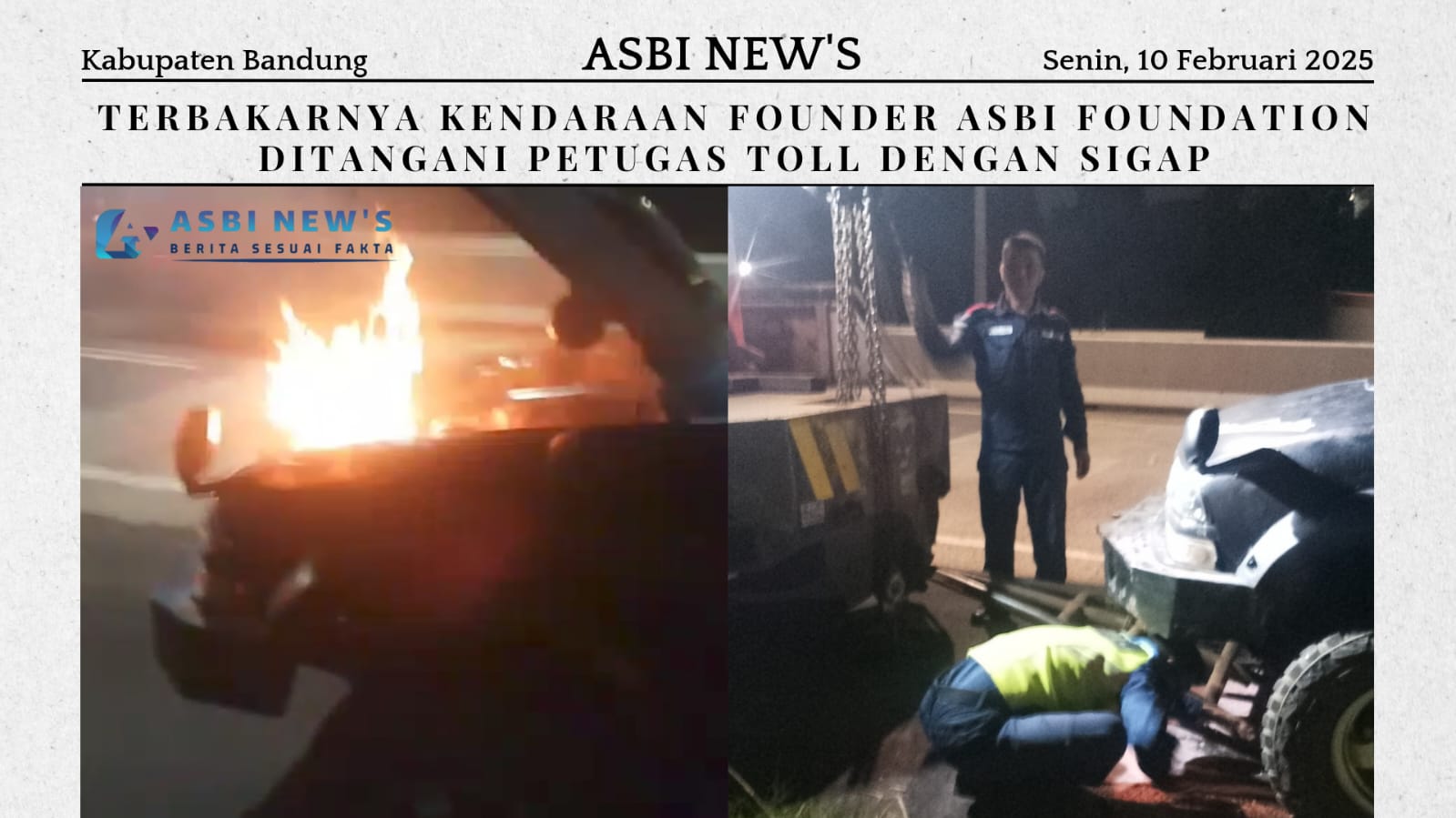 Terbakarnya kendaraan Founder ASBI Foundation.