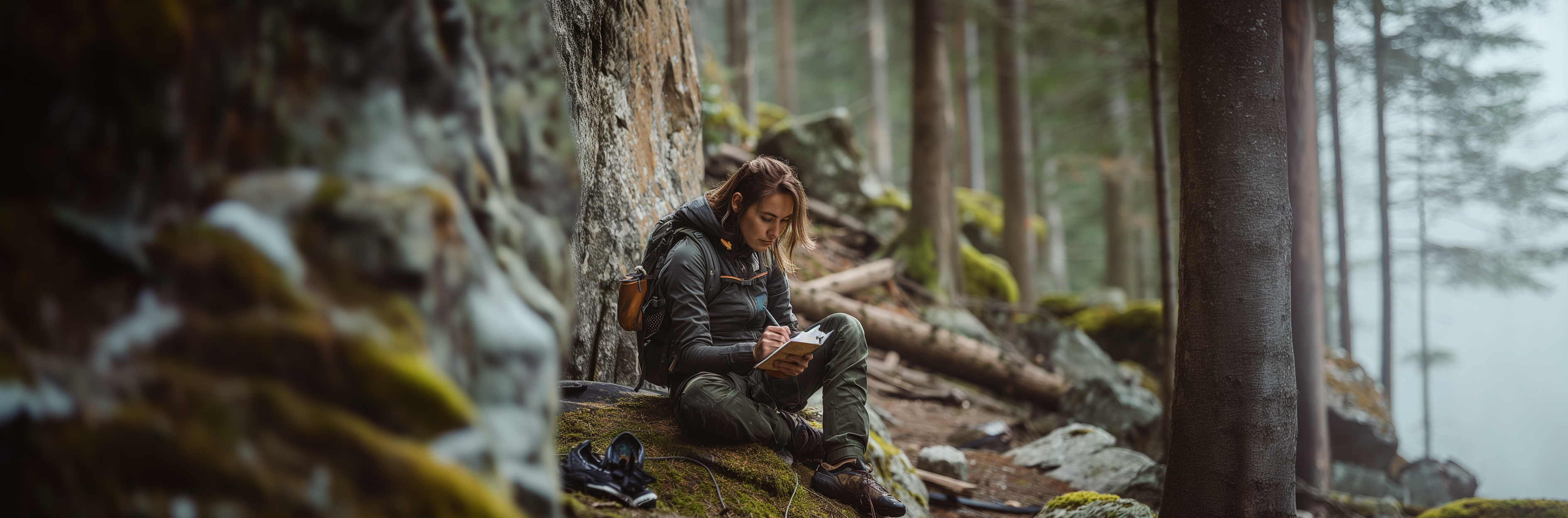 A climber reviewing route notes in a misty forest beneath a rock face.