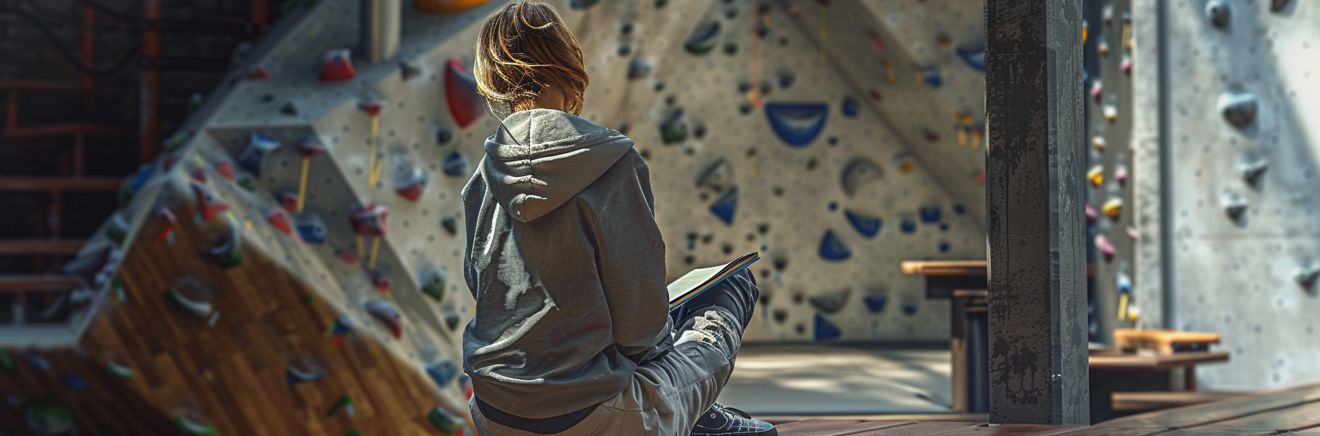 A climber reviewing a notebook inside an indoor climbing gym.