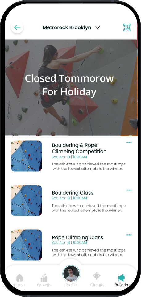 Climbary event announcements screen preview