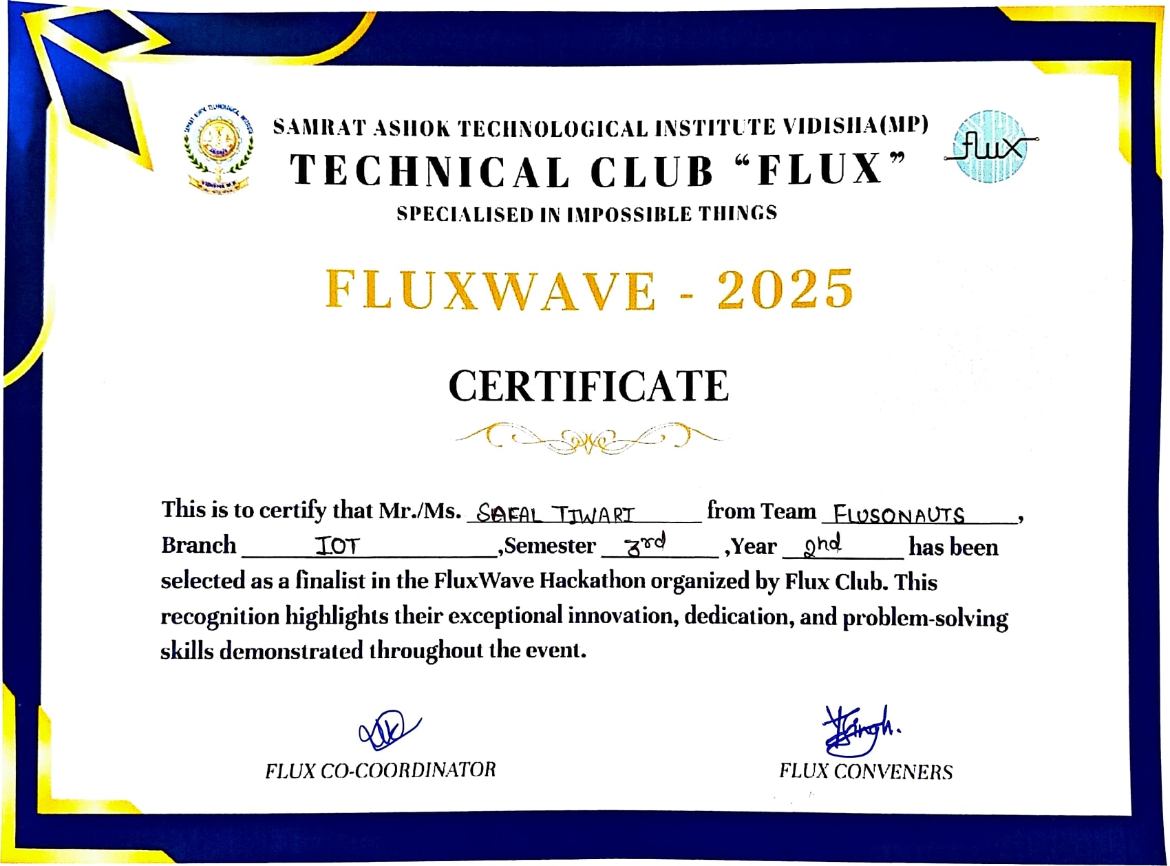 FluxWave Hackathon Certificate