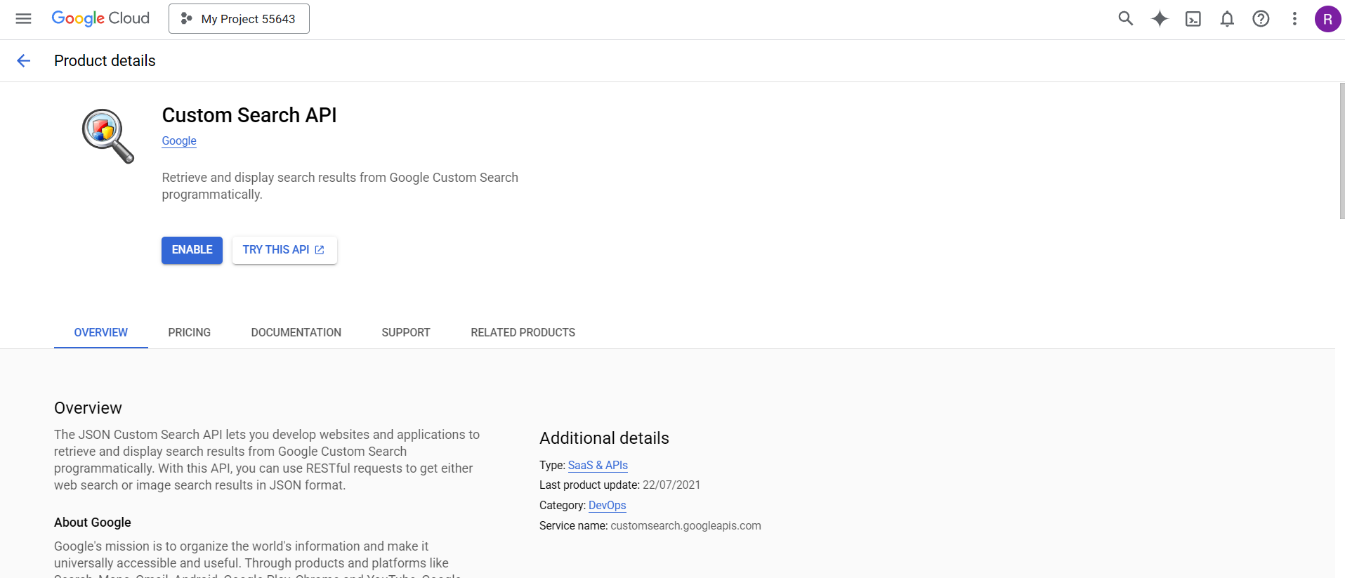 Enable Custom Search API