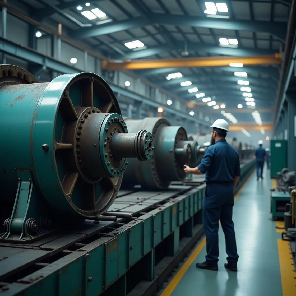 Trabajador en fabrica industrial analizando maquinaria