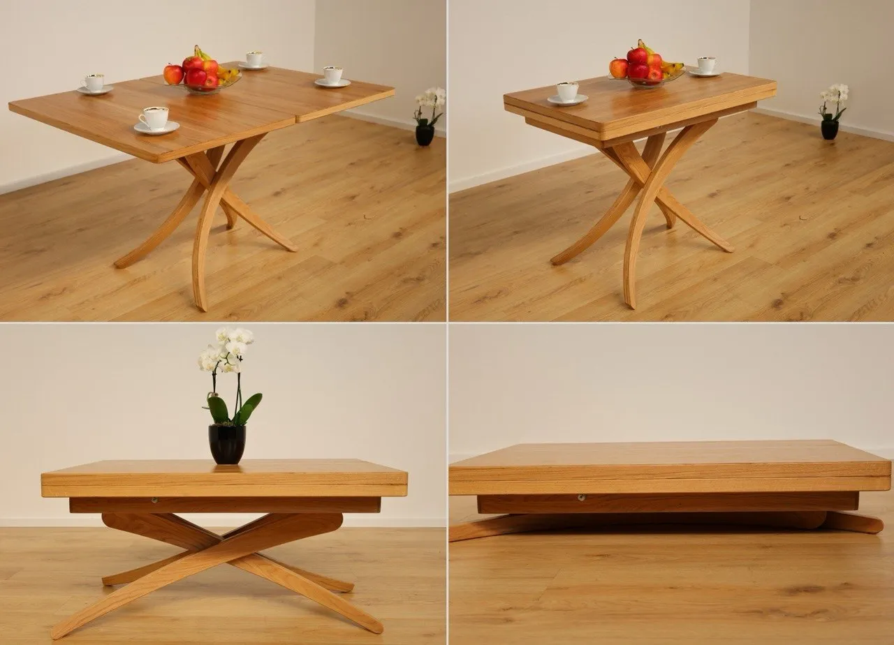 Multifunctional solid oak table – coffee table becomes dining table