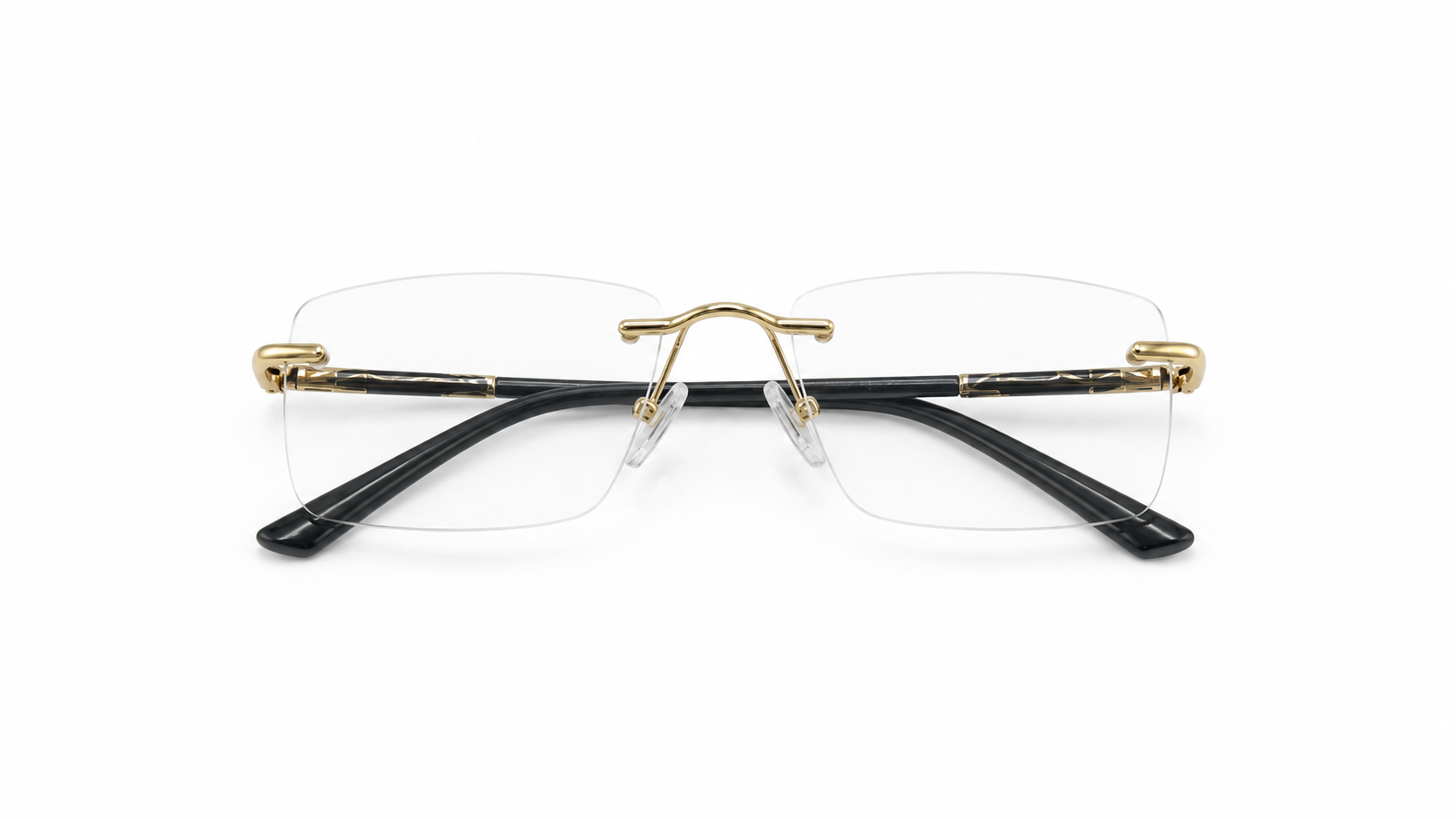 نظارة إنزو (Enzo) الطبية بدون إطار (Rimless) صناعة إيطالية بإطار معدني مستطيل باللون الأسود والذهبي، مناسبة للجنسين وللوجوه الدائرية والبيضاوية والقلبية.