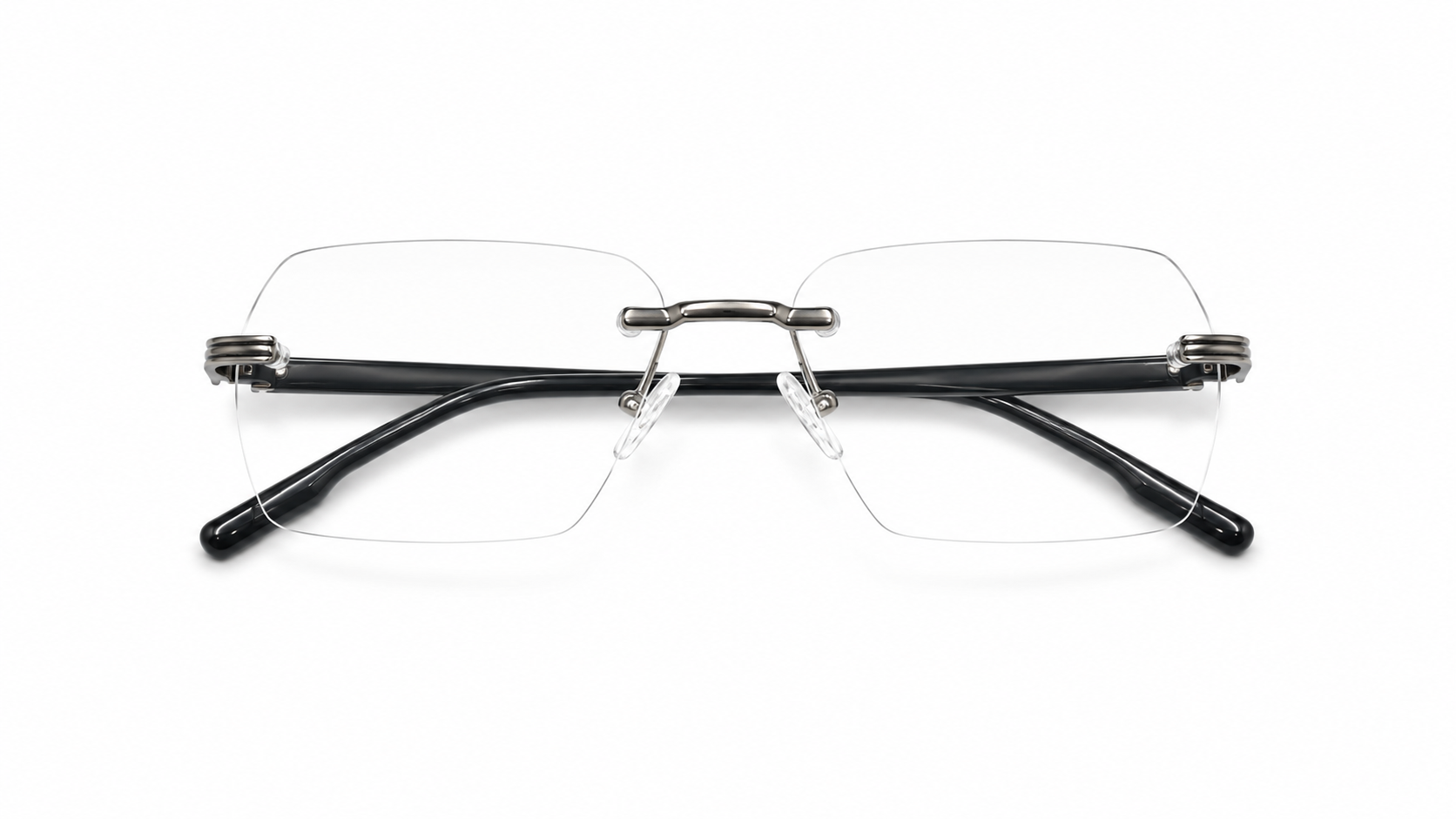 نظارة الدو الطبية بدون إطار (Rimless) صناعة إيطالية بإطار مستطيل باللون الرمادي الغامق والأسود، مناسبة للجنسين وللوجوه الدائرية والبيضاوية والقلبية.