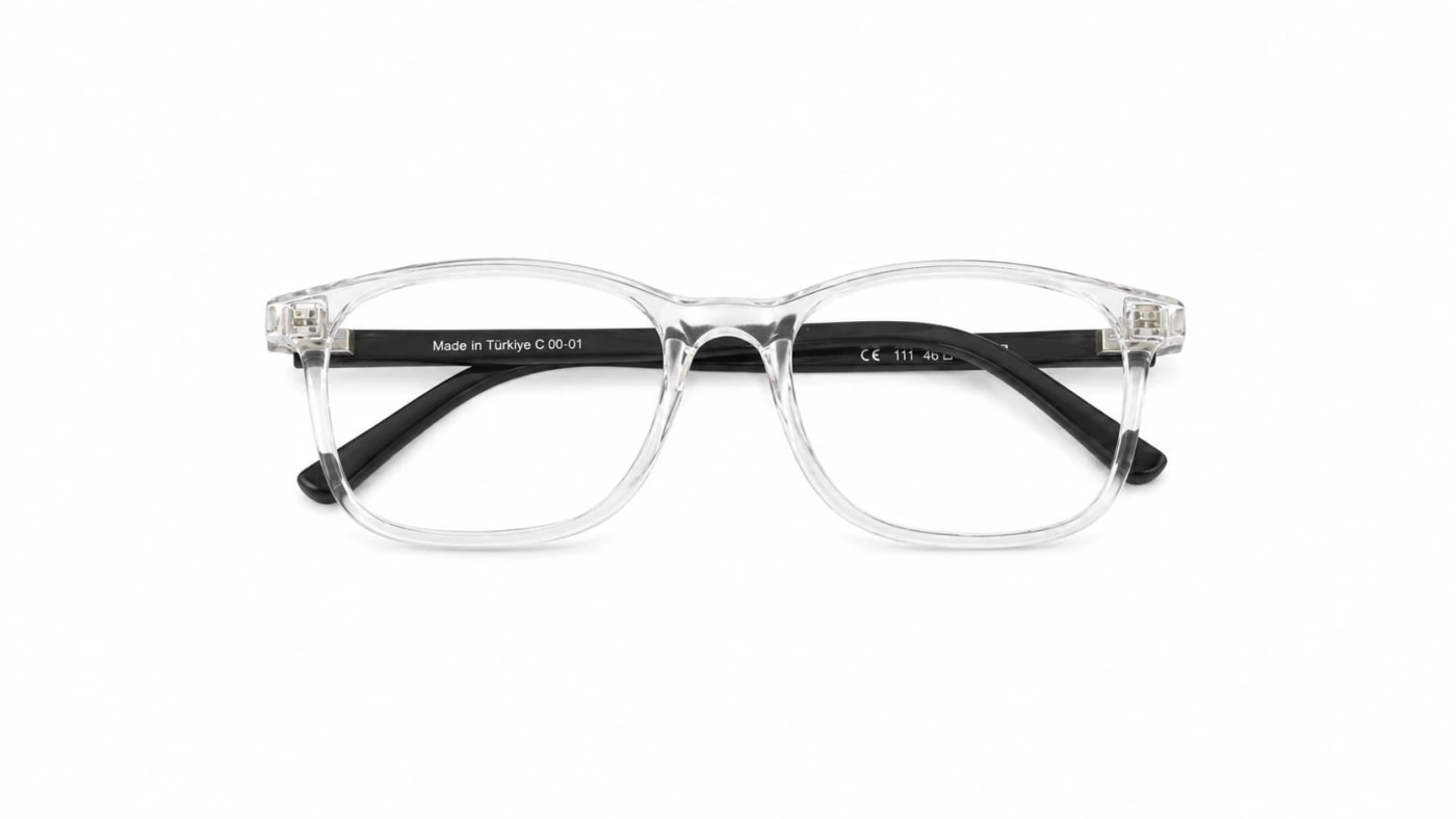 Ando Kids Sahab eyeglasses with a rectangular frame and rounded edges in a transparent color, made of TR90 material, Turkish made, lightweight, flexible and break-resistant, suitable for fitting medical lenses and daily use.