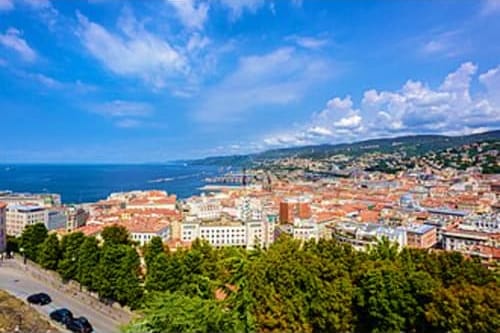 Trieste cityscape with Adriatic Sea, coastal buildings, and forested hills under blue sky