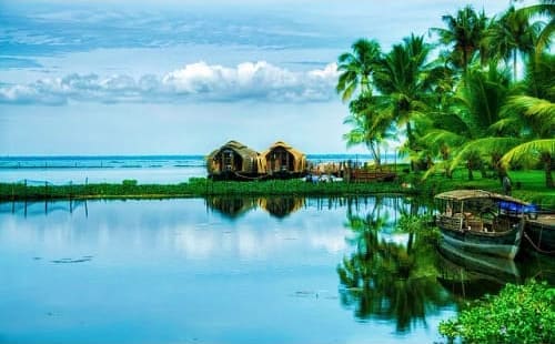 Traditional houseboat and palm trees reflected in calm backwater waters near Kochi, Kerala