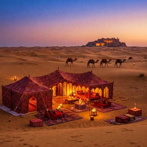 Illuminated Bedouin tent camp in Jaisalmer desert with camel caravan and Jaisalmer Fort glowing at sunset