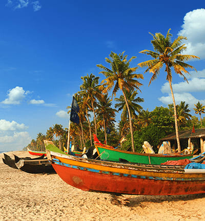 Colorful traditional fishing boats beached on sandy shore with palm trees and blue sky in Goa