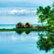 Traditional houseboat and palm trees reflected in calm backwaters of Kochi, Kerala, India