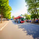 Red double-decker hop-on hop-off tour bus stopped on tree-lined street with passengers boarding, bright sunny day