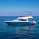 Blue and white motor yacht anchored in clear turquoise Mediterranean waters with canopy top and life ring visible