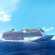 Large modern cruise ship sailing on blue ocean waters under clear sky with white clouds